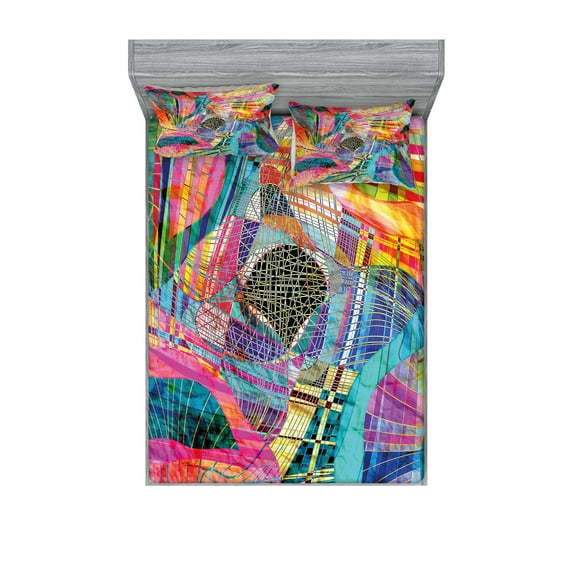 Ambesonne Abstract Fitted Sheet & Pillow Sham Set, Retro Graphic, Full, Multicolor