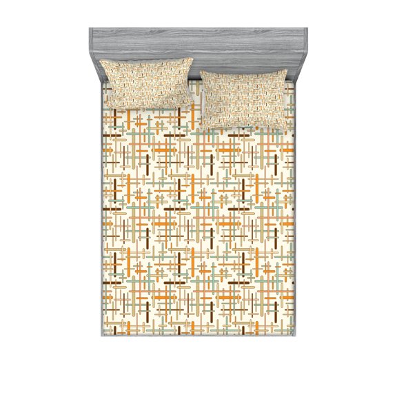Ambesonne Abstract Fitted Sheet & Pillow Sham Set, Rounded Colorful Lines, Queen, Orange Pale Blue Brown