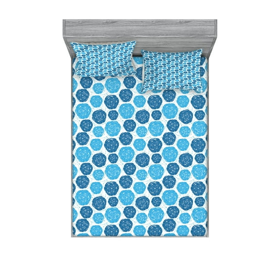 Ambesonne Abstract Fitted Sheet & Pillow Sham Set, Shapes with Stripes Dots, Queen, Blue and Pale Blue