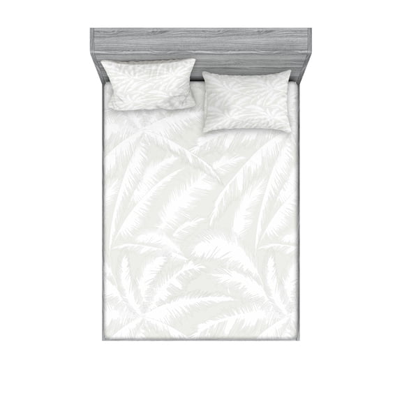 Ambesonne Abstract Fitted Sheet & Pillow Sham Set, Sketchy Palm Jungle, Queen, Green and White
