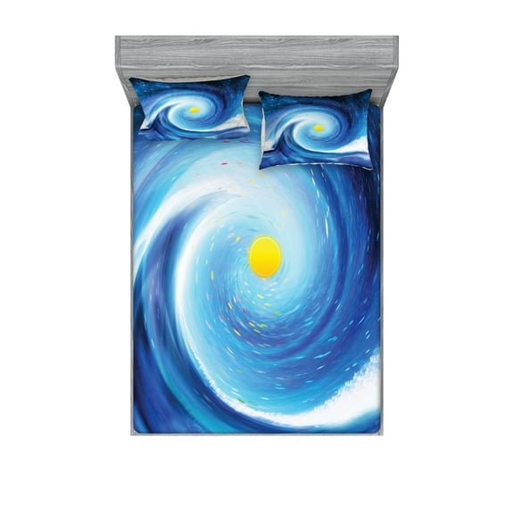 Ambesonne Abstract Fitted Sheet & Pillow Sham Set, Surfer Wavy Sun, Queen, Blue White and Yellow
