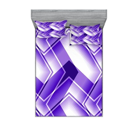 Ambesonne Abstract Fitted Sheet & Pillow Sham Set, Trippy Digital Shapes, Queen, Violet White