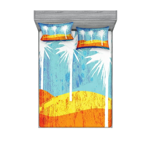 Ambesonne Abstract Fitted Sheet & Pillow Sham Set, Tropic Beach Palms, Full, Orange Blue White
