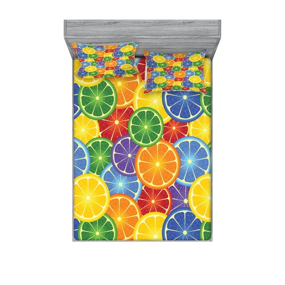 Ambesonne Abstract Fitted Sheet & Pillow Sham Set, Tropic Orange Fruit, Full, Yellow Blue Green