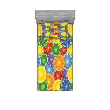Ambesonne Abstract Fitted Sheet & Pillow Sham Set, Tropic Orange Fruit, Twin, Yellow Blue Green