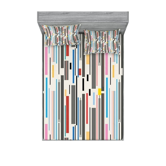 Ambesonne Abstract Fitted Sheet & Pillow Sham Set, Various Color Stripes, Full, Multicolor