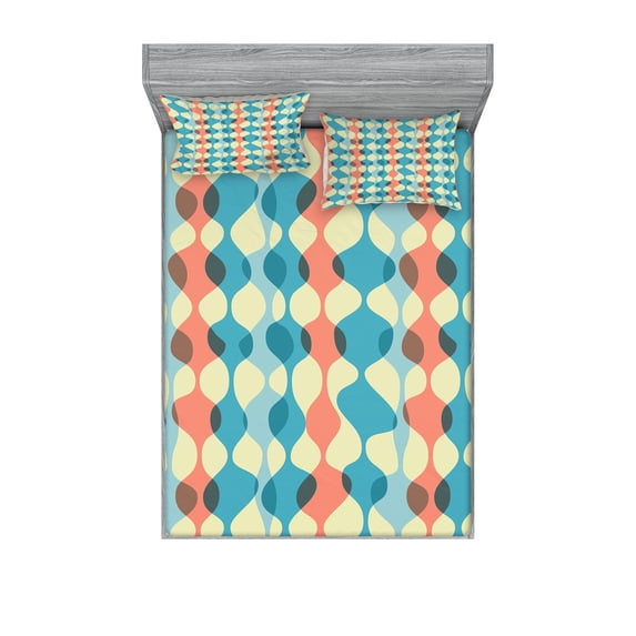 Ambesonne Abstract Fitted Sheet & Pillow Sham Set, Vintage Colors Fifties, Full, Multicolor