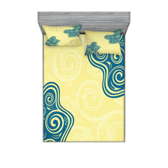 Ambesonne Abstract Fitted Sheet & Pillow Sham Set, Vintage Floral Spiral, Queen, Yellow Blue
