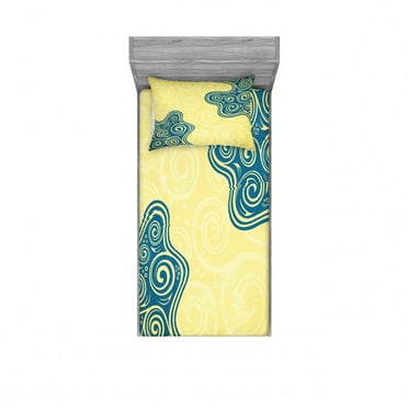 Ambesonne Abstract Fitted Sheet & Pillow Sham Set, Vintage Floral Spiral, Twin, Yellow Blue