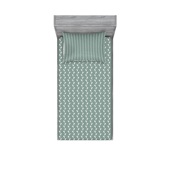 Ambesonne Abstract Fitted Sheet & Pillow Sham Set, Vintage Wavy Floral, Twinxl, Pale Sage Green White