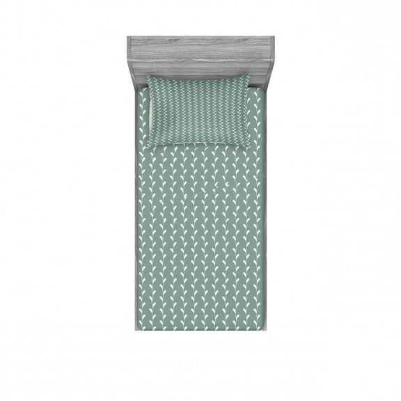 Ambesonne Abstract Fitted Sheet & Pillow Sham Set, Vintage Wavy Floral, Twinxl, Pale Sage Green White