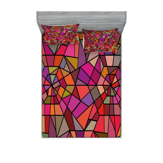 Ambesonne Abstract Fitted Sheet & Pillow Sham Set, Vitray Mosaic Triangle, Queen, Multicolor