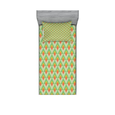 Ambesonne Abstract Fitted Sheet & Pillow Sham Set, Vivid Rhombus Pattern Line, Twinxl, Pale Green Orange