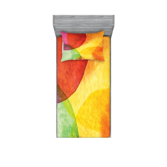 Ambesonne Abstract Fitted Sheet & Pillow Sham Set, Watercolor Modern Art, Twinxl, Yellow Orange Lime Green