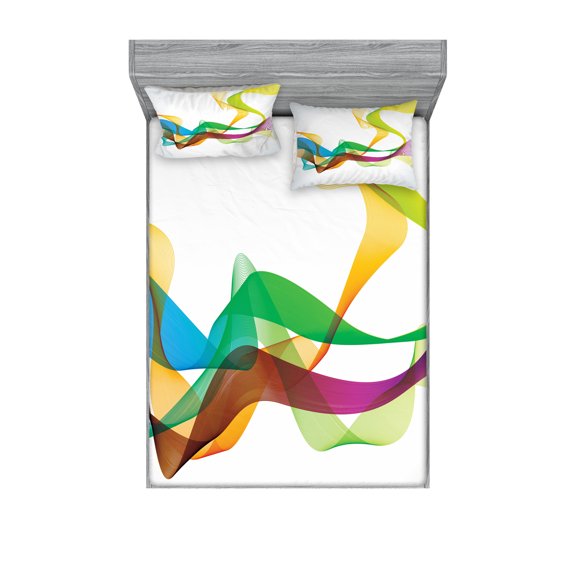 Ambesonne Abstract Fitted Sheet & Pillow Sham Set, Wavy Ribbon Rainbow, Queen, Multicolor