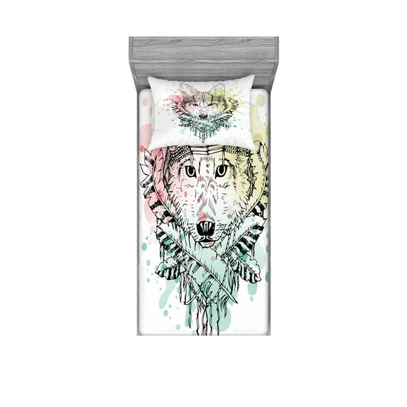 Ambesonne Abstract Fitted Sheet & Pillow Sham Set, Wild Tribe Animal Wolf, Twin, Multicolor