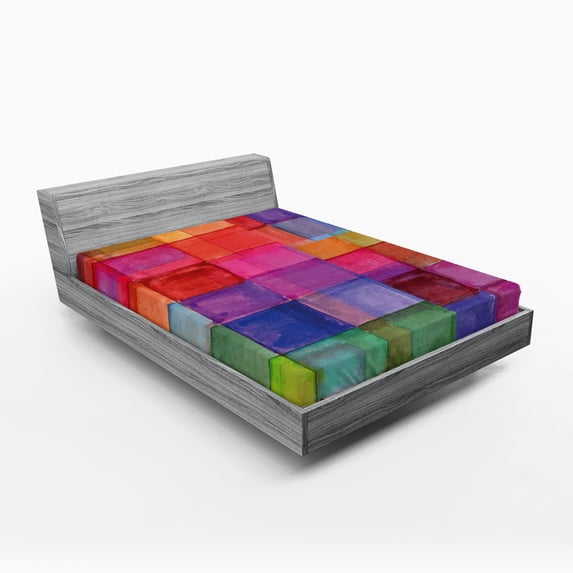 Ambesonne Abstract Fitted Sheet, Rainbow Colors Squares, Full Size, Multicolor