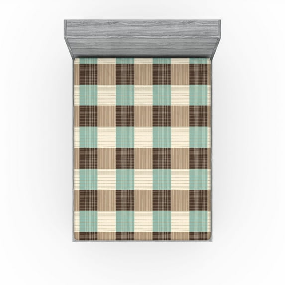 Ambesonne Abstract Fitted Sheet, Sketchy Squares Modern Art, Full Size, Brown Beige and Pale Teal