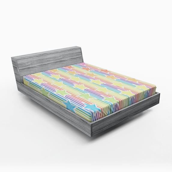 Ambesonne Abstract Fitted Sheet, Star Rainbow Stripes, Queen Size, Yellow Blue