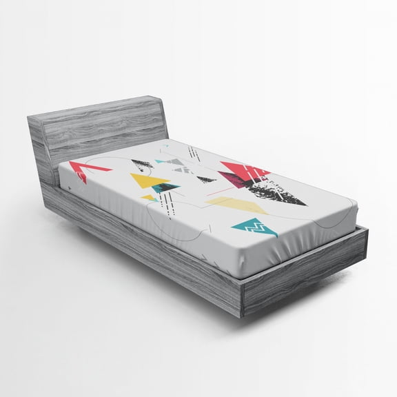 Ambesonne Abstract Fitted Sheet, Triangle Geometric, Twin XL Size, Mustard Pale Grey Teal