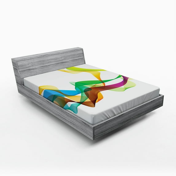 Ambesonne Abstract Fitted Sheet, Wavy Ribbon Rainbow, Queen Size, Multicolor