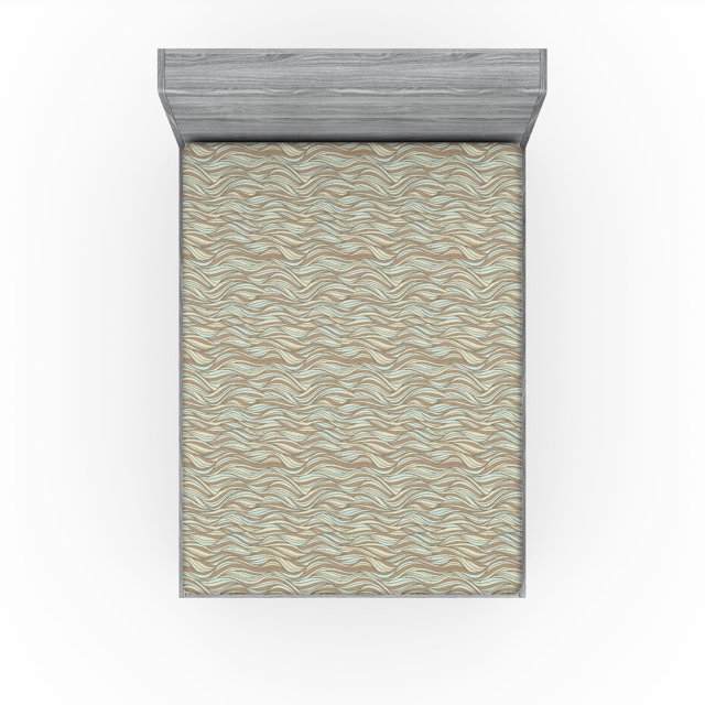 Ambesonne Abstract Fitted Sheet, Wavy Stripes Geometric Art, King Size, Soft Blue Cocoa and Khaki