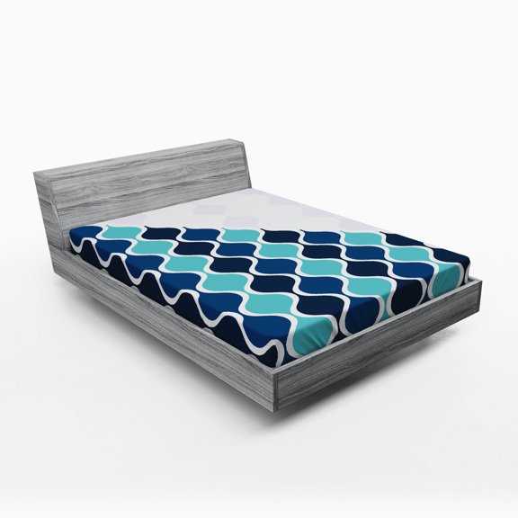 Ambesonne Abstract Fitted Sheet, Wavy Stripes Spirals, Full Size, Turquoise Dark Blue