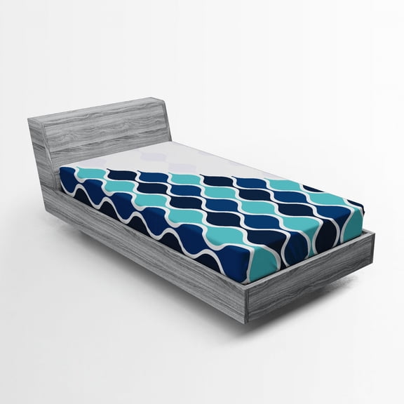 Ambesonne Abstract Fitted Sheet, Wavy Stripes Spirals, Twin XL Size, Turquoise Dark Blue