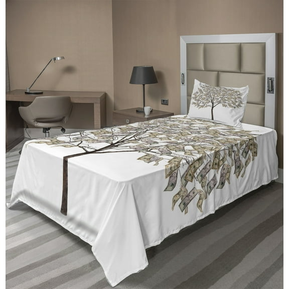 Ambesonne Abstract Fitted & Top Sheet Set with Sham, Surreal Money Leafy Tree, Multicolor