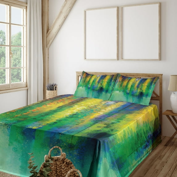 Ambesonne Abstract Fitted & Top Sheet Set with Shams, Spring Flowers, Green Yellow