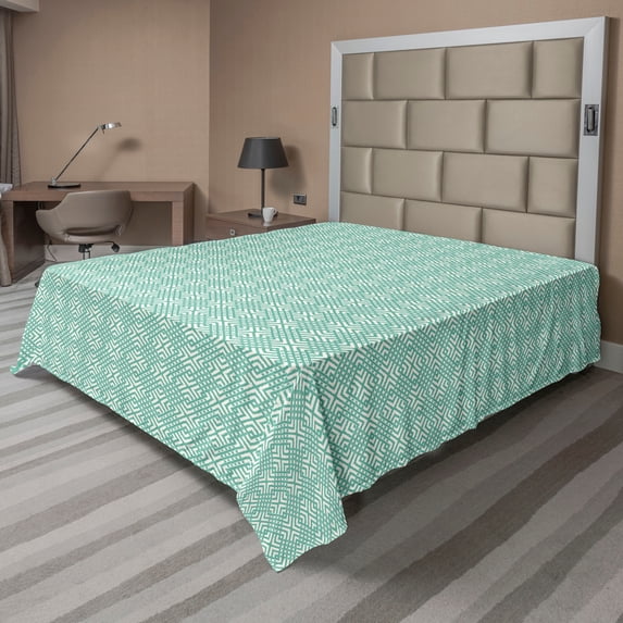 Ambesonne Abstract Flat Bedding Sheet Soft Top Sheet, Striped Square Geometric, California King, Sea Green and Almond Green