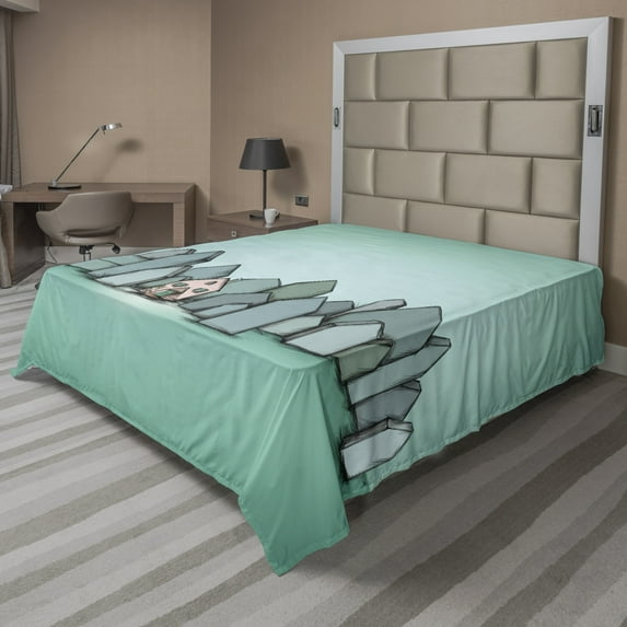 Ambesonne Abstract Flat Sheet, Art Sketch Creative Houses, Queen Size, Seafoam and Multicolor