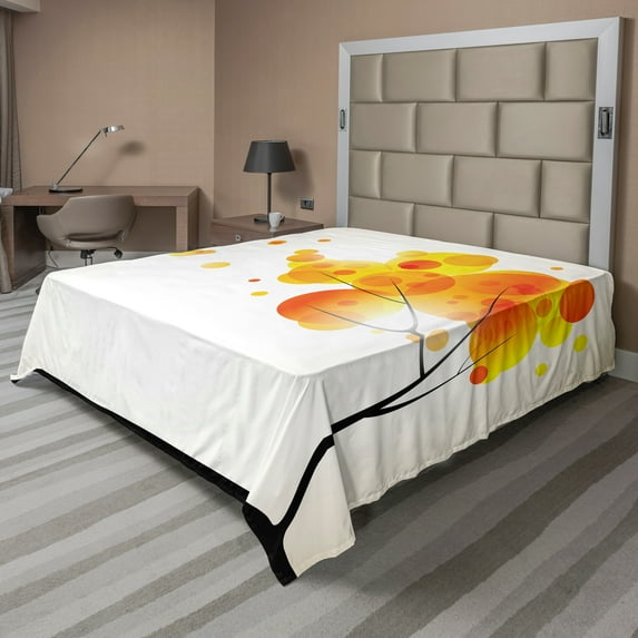 Ambesonne Abstract Flat Sheet, Autumn Sun and Trees, King Size, Yellow Orange and Black
