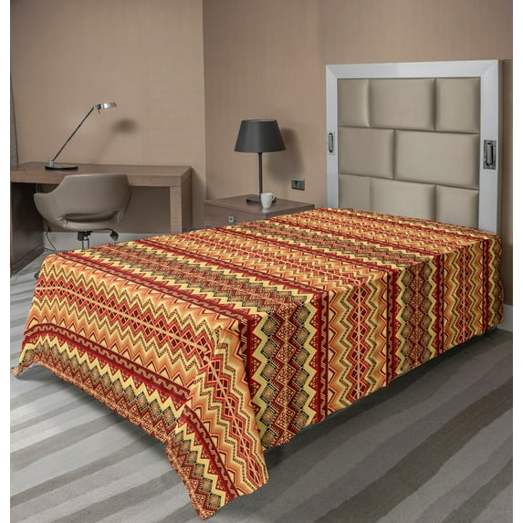 Ambesonne Abstract Flat Sheet, Aztec Folk Ornament, Twin Size, Orange and Yellow