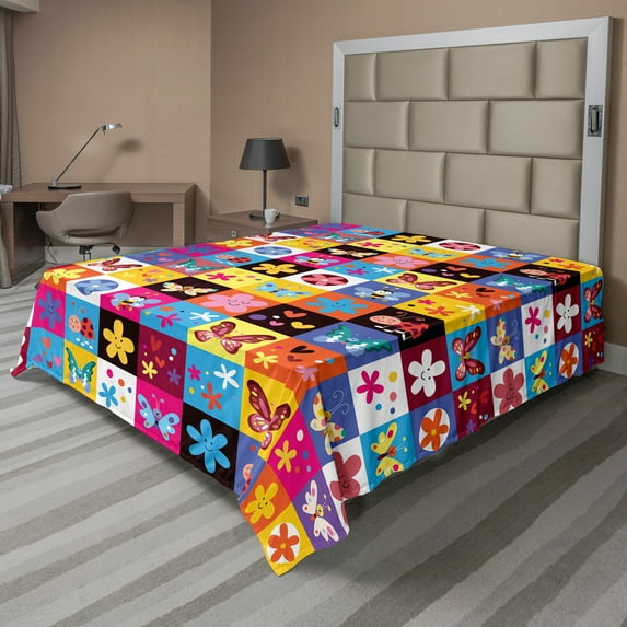 Ambesonne Abstract Flat Sheet, Beetles Flowers Bees, Queen Size, Multicolor