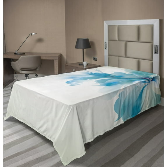 Ambesonne Abstract Flat Sheet, Blue Ombre Flowers, Twin Size, Pale Blue and White