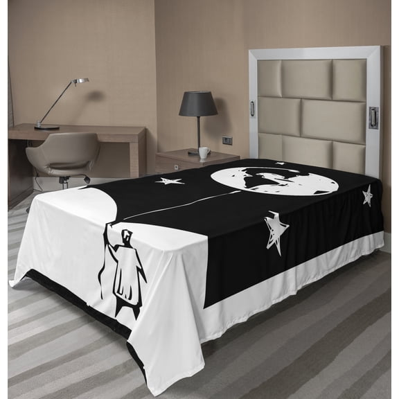 Ambesonne Abstract Flat Sheet, Boy Looking Up Stars Earth, TwinXL Size, Charcoal Grey White