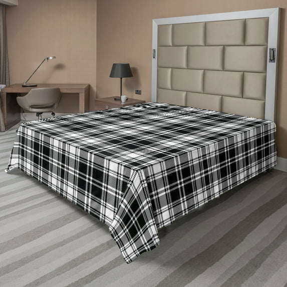 Ambesonne Abstract Flat Sheet, British Tartan Pattern, Full Size, White Black