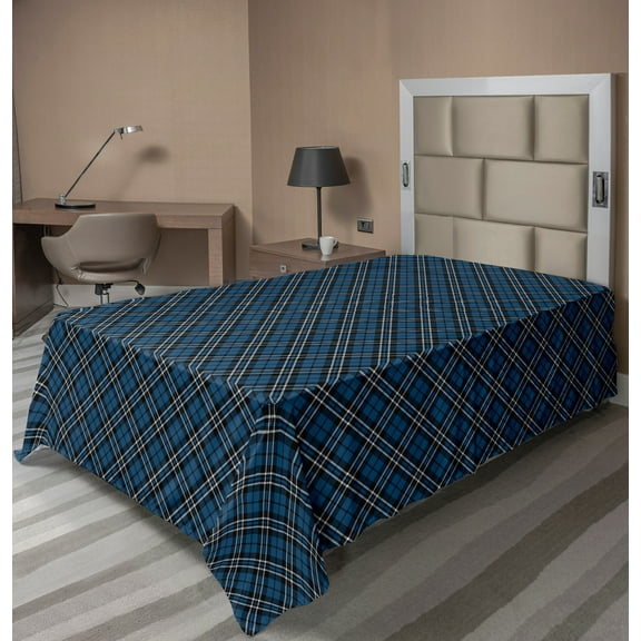 Ambesonne Abstract Flat Sheet, British Tartan Style, TwinXL Size, Blue Black White