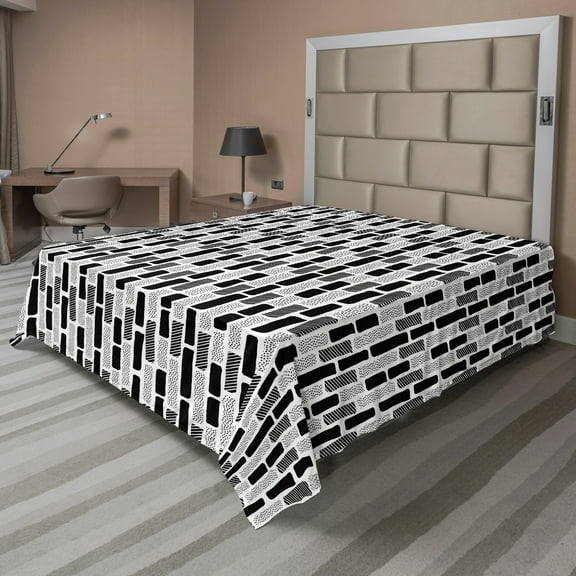 Ambesonne Abstract Flat Sheet, Brush Mark Effect Stripes, Queen Size, White and Black