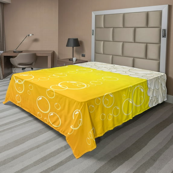 Ambesonne Abstract Flat Sheet, Bubbles Beer Macro, Queen Size, Yellow White