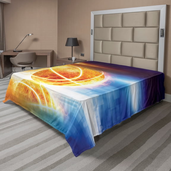 Ambesonne Abstract Flat Sheet, Burning Basketball Art, King Size, Blue Yellow