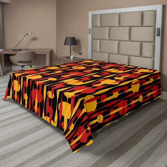 Ambesonne Abstract Flat Sheet, Circles Funky 70's Motifs, King Size, Vermilion Earth Yellow