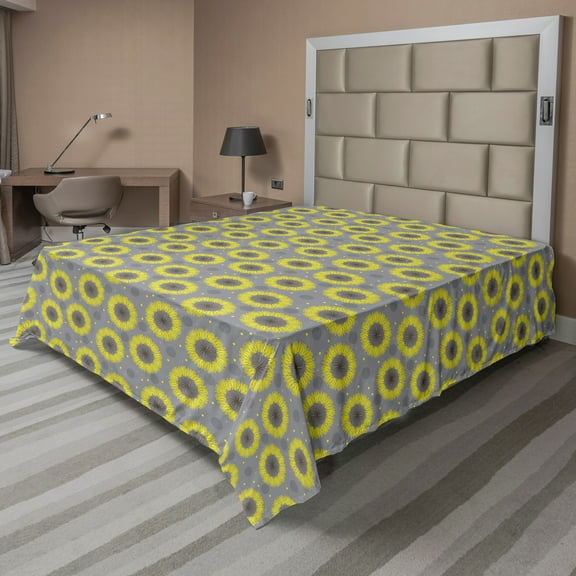 Ambesonne Abstract Flat Sheet, Circular Big Dandelion, King Size, Grey and Yellow