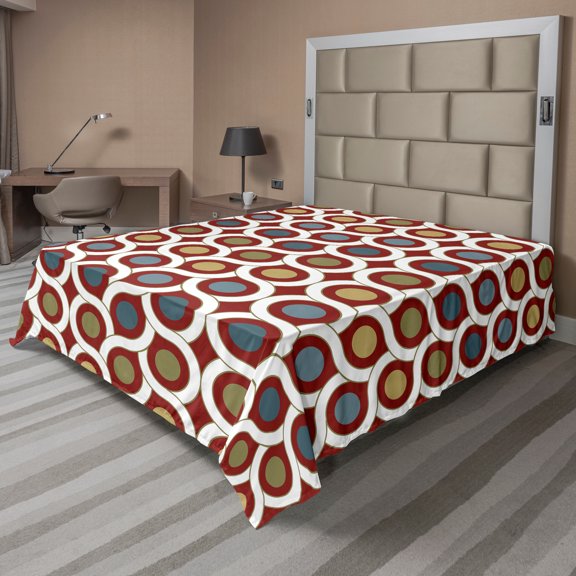 Ambesonne Abstract Flat Sheet, Circular Forms Rounds, King Size, Ruby Khaki Blue