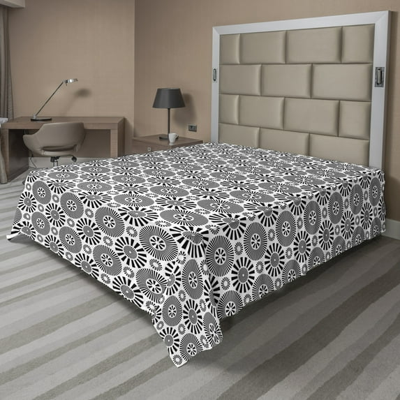Ambesonne Abstract Flat Sheet, Circular Rounds Geometric, California King, Charcoal Grey and White