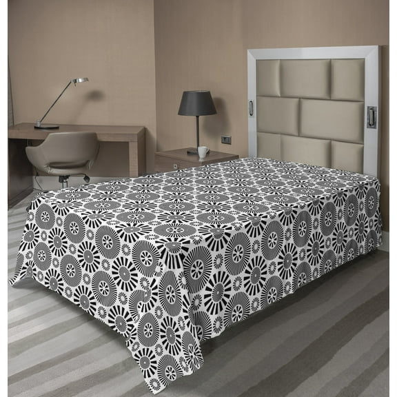 Ambesonne Abstract Flat Sheet, Circular Rounds Geometric, Twin Size, Charcoal Grey and White