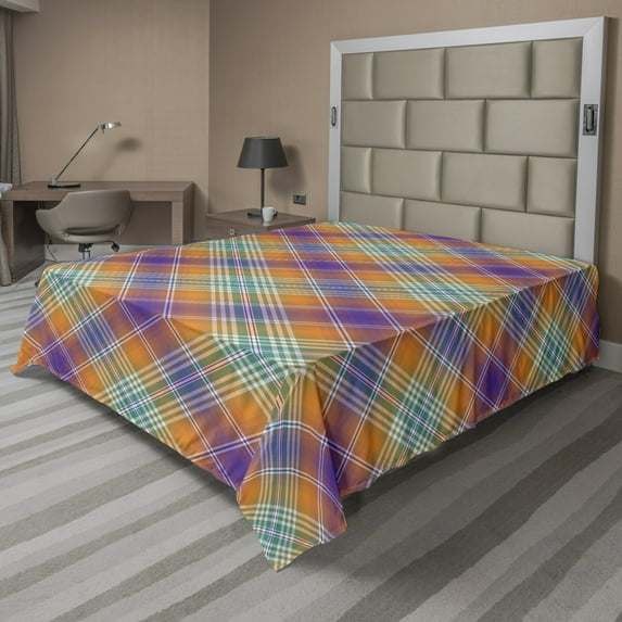 Ambesonne Abstract Flat Sheet, Classic Scottish Tartan, Queen Size, Purple Dark Orange Teal