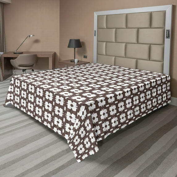 Ambesonne Abstract Flat Sheet, Classic Vintage Shapes, Queen Size, Umber and White