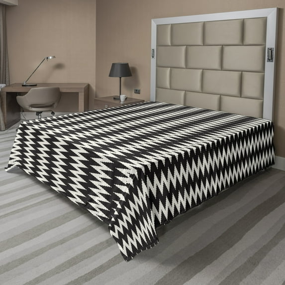 Ambesonne Abstract Flat Sheet, Classic Zigzags Pattern, Full Size, Dark Grey Eggshell